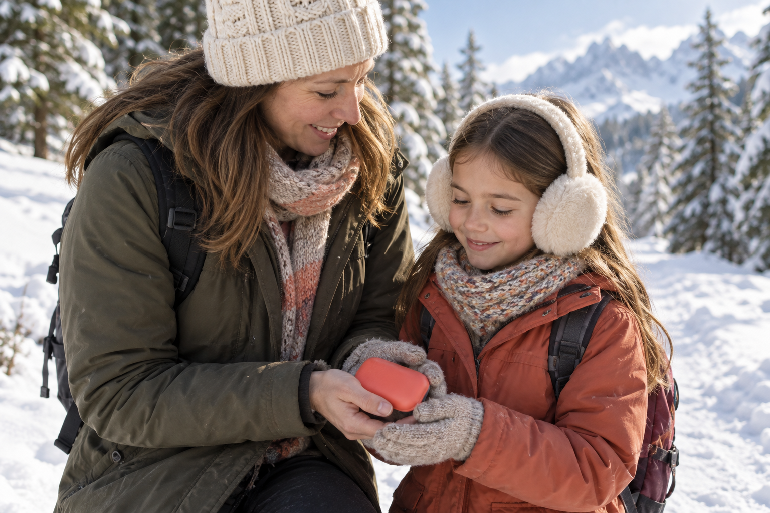 Parent and child sharing a winter moment with a concept warmer held in gloved hands; child wears earmuffs